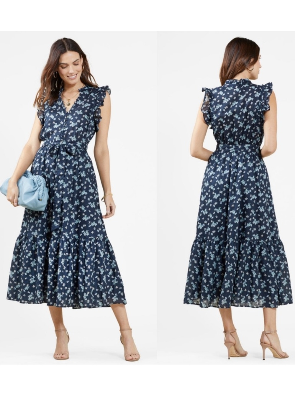 NWT Outerknown Canyon Midi Dress Organic Cotton V Neck Mineral Blue Superbloom